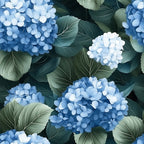 blue hydrangeas, white flowers, sage green leaves, botanical pattern, floral design,, fabric panel, garden flowers, nature motif, soft pastels, realistic florals, clustered blooms, leafy foliage, spring flowers, delicate petals, botanical illustration, perennial garden, muted blues, natural greenery, cottage garden