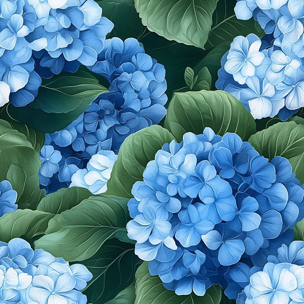 blue hydrangeas, botanical florals, lush greenery, azure petals, emerald leaves, clustered blooms, garden flowers, nature pattern,, fabric panel, floral motifs, botanical design, vibrant blues, leafy backdrop, summer florals, detailed petals, realistic flowers, dense foliage, perennial blooms