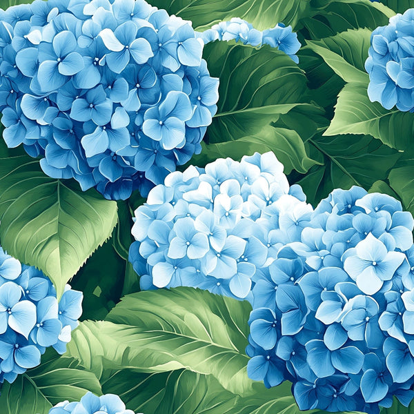 blue hydrangeas, botanical florals, garden flowers, lush foliage, green leaves, periwinkle blue, sky blue, nature pattern, floral clusters,, fabric panel, summer blooms, realistic flowers, botanical illustration, dense florals, hydrangea blossoms, garden theme, natural motifs, flower petals, leafy greens