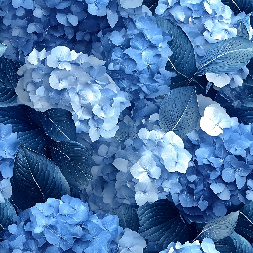 blue hydrangeas, botanical floral, navy blue, light blue, periwinkle, indigo, clustered flowers, leafy foliage, nature pattern,, fabric panel, garden blooms, monochromatic blue, tropical leaves, dense florals, spring flowers, botanical design, seamless pattern, cottage garden, floral clusters