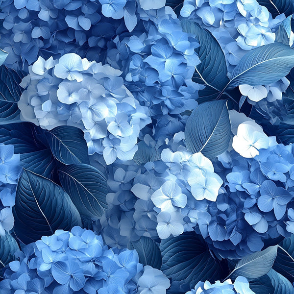 blue hydrangeas, botanical floral, navy blue, light blue, periwinkle, indigo, clustered flowers, leafy foliage, nature pattern,, fabric panel, garden blooms, monochromatic blue, tropical leaves, dense florals, spring flowers, botanical design, seamless pattern, cottage garden, floral clusters