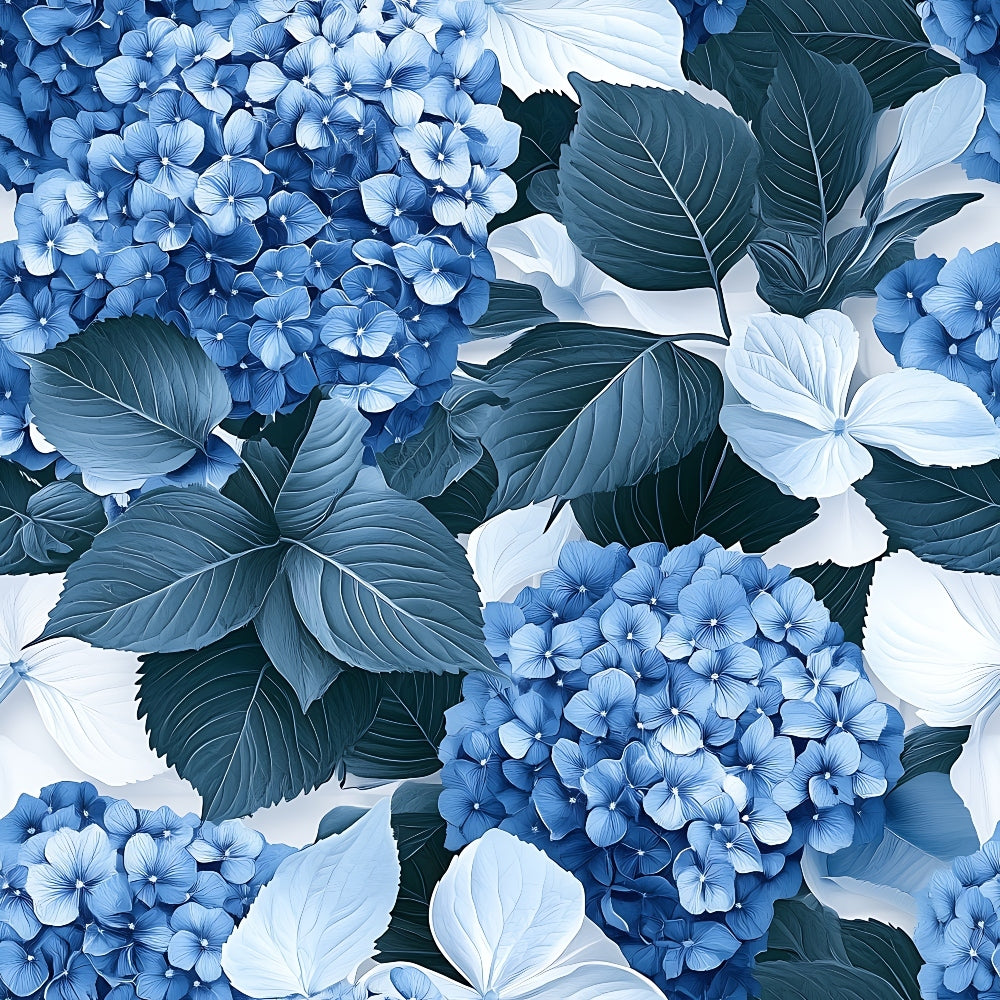 blue hydrangeas, botanical floral, navy blue, light blue, white flowers, teal leaves, serrated leaves, clustered blooms, garden flowers, nature pattern,, fabric panel, floral motif, spring flowers, perennial blooms, botanical illustration, seamless repeat, cottage garden, flower clusters, leafy design