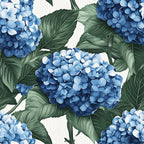 blue hydrangeas, botanical pattern, floral design, green leaves, navy blue, light blue, white background,, fabric panel, garden flowers, realistic florals, nature motif, botanical illustration, clustered blooms, tropical leaves, summer flowers, cottage garden, detailed petals, lush foliage, botanical print