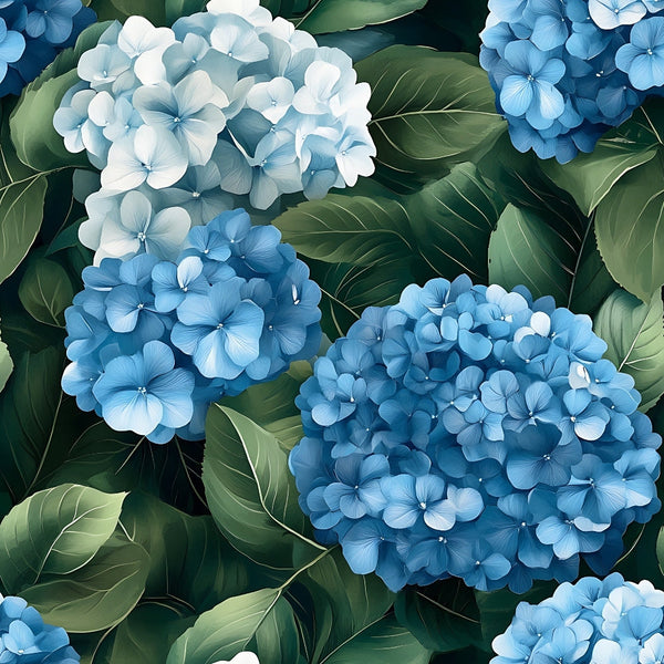 blue hydrangeas, white hydrangeas, botanical florals, lush foliage, green leaves, clustered blooms, four-petaled flowers, garden motif, realistic illustration,, fabric panel, botanical pattern, floral design, nature theme, summer flowers, perennial blooms, detailed petals, layered composition, cottage garden, botanical art