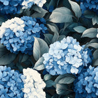 hydrangea flowers, blue petals, white blooms, navy blue, teal leaves, botanical pattern, floral design, clustered flowers, garden flowers,, fabric panel, lush foliage, nature motif, spring flowers, detailed petals, realistic florals, dense pattern, botanical illustration, periwinkle blue, sage green