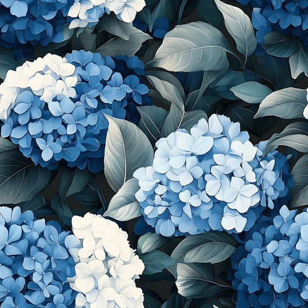 hydrangea flowers, blue petals, white blooms, navy blue, teal leaves, botanical pattern, floral design, clustered flowers, garden flowers,, fabric panel, lush foliage, nature motif, spring flowers, detailed petals, realistic florals, dense pattern, botanical illustration, periwinkle blue, sage green