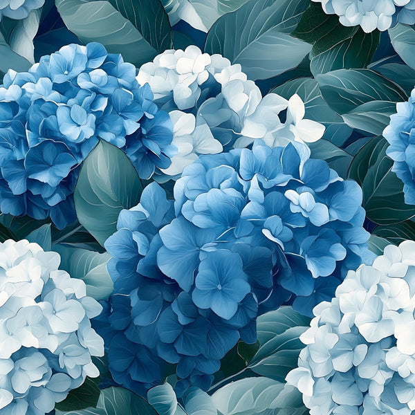 blue hydrangeas, white flowers, teal leaves, botanical pattern, floral design, clustered blooms, garden flowers, nature motif,, fabric panel, soft pastels, romantic florals, summer blooms, delicate petals, lush foliage, serene mood, cottage garden, watercolor style, organic shapes