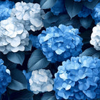 navy blue, royal blue, powder blue, white, hydrangea flowers, botanical pattern, floral design, cluster blooms, serrated leaves, nature motif,, fabric panel, botanical gardens, summer flowers, realistic style, dense foliage, layered petals, garden theme, blue tones, flowering shrubs