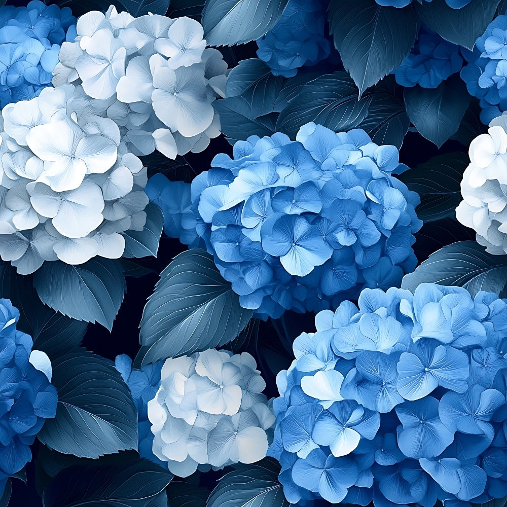 navy blue, royal blue, powder blue, white, hydrangea flowers, botanical pattern, floral design, cluster blooms, serrated leaves, nature motif,, fabric panel, botanical gardens, summer flowers, realistic style, dense foliage, layered petals, garden theme, blue tones, flowering shrubs