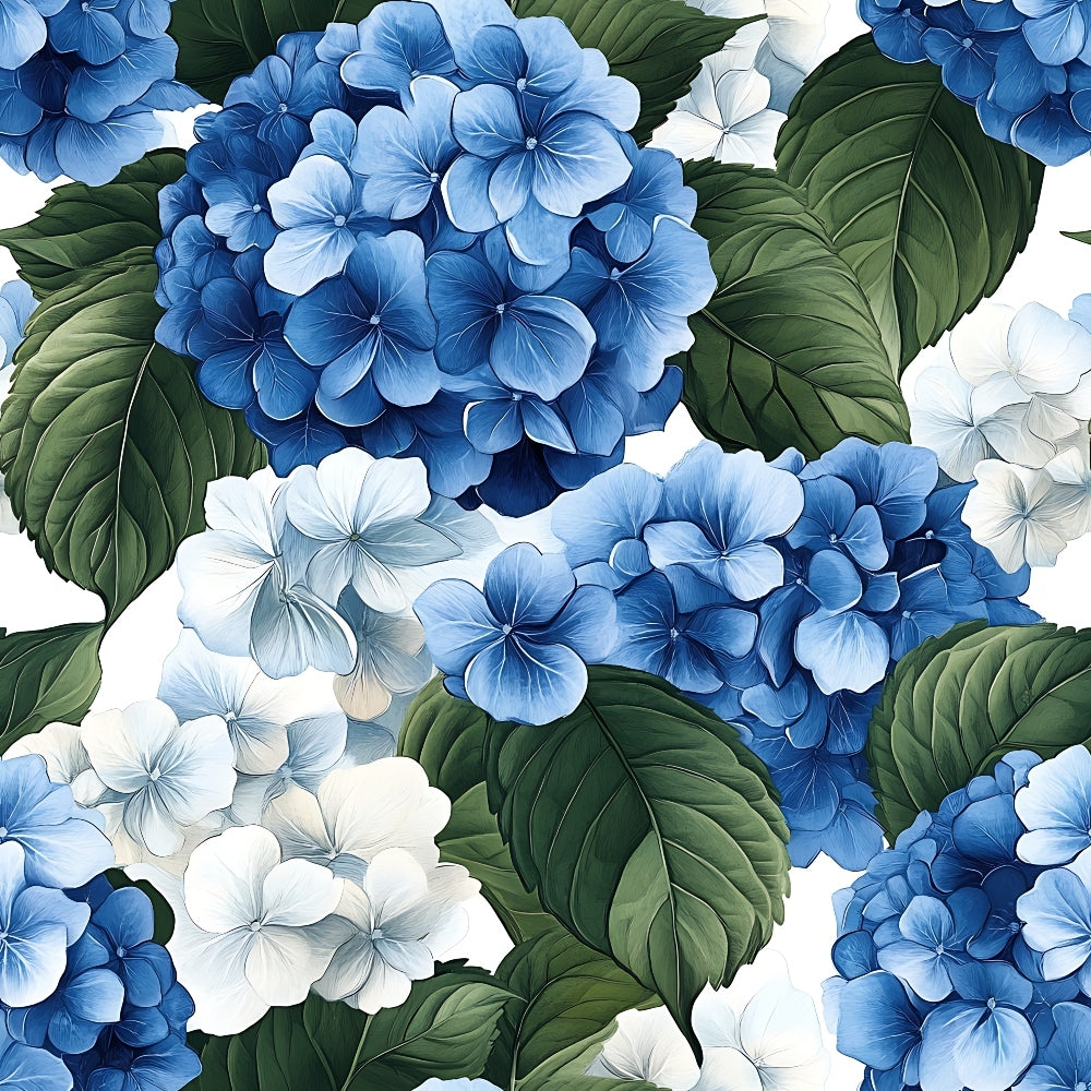 blue hydrangeas, white flowers, botanical pattern, floral design, green leaves,, fabric panel, garden theme, clustered blooms, nature motif, serene mood, soft blues, ivory petals, leafy foliage, spring flowers, delicate florals, cotton fabric, botanical illustration, hydrangea clusters