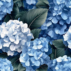 navy blue, light blue, white, periwinkle, teal green, dark green, hydrangea flowers, botanical pattern, floral design, large leaves, clustered blooms, realistic style, garden theme,, fabric panel, lush foliage, nature motif, spring flowers, detailed petals, leafy background