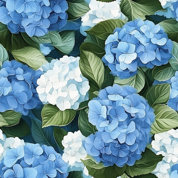 hydrangea flowers, blue blossoms, white flowers, botanical pattern, floral design, green leaves, serrated leaves, cluster blooms, garden flowers,, fabric panel, spring florals, perennial plants, nature motif, cottage garden, soft blues, pale white, forest green, realistic illustration, seamless repeat