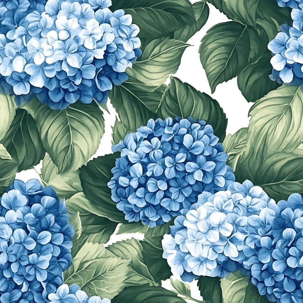 blue hydrangeas, white background, green leaves, botanical pattern, floral design,, fabric panel, watercolor style, garden flowers, blooming hydrangeas, nature motif, spring flowers, textile print, clustered blooms, leafy foliage, repetitive pattern, cottage garden, soft blues, natural elements, flower heads