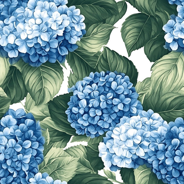 blue hydrangeas, white background, green leaves, botanical pattern, floral design,, fabric panel, watercolor style, garden flowers, blooming hydrangeas, nature motif, spring flowers, textile print, clustered blooms, leafy foliage, repetitive pattern, cottage garden, soft blues, natural elements, flower heads