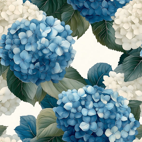blue hydrangeas, white hydrangeas, botanical floral, soft blue tones, cream background, green leaves, clustered flowers, watercolor style, delicate petals, garden blooms,, fabric panel, serene mood, spring florals, nature pattern, cottage garden, pastel colors, realistic flowers, botanical illustration, peaceful design