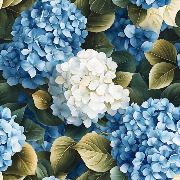 blue hydrangeas, white hydrangeas, botanical floral, sage green leaves, navy blue, powder blue, cream white, olive green, clustered flowers, realistic florals, garden blooms,, fabric panel, nature pattern, summer florals, detailed petals, lush foliage, serrated leaves, cottage garden, floral repeating pattern