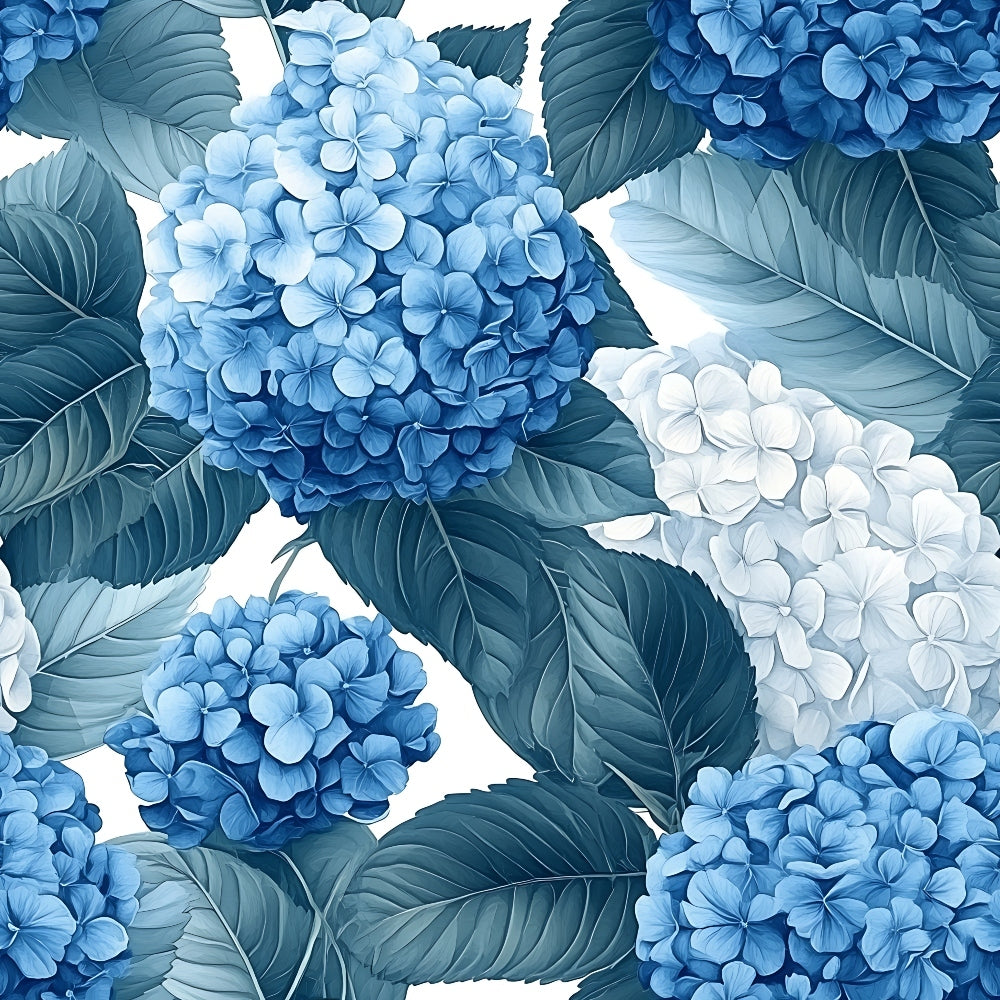 hydrangea flowers, blue blossoms, white flowers, teal leaves, botanical pattern, floral design,, fabric panel, garden blooms, nature motif, clustered petals, leafy foliage, spring flowers, cottage garden, delicate florals, seamless repeat, soft pastels, realistic illustration
