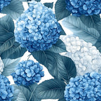 hydrangea flowers, blue blossoms, white flowers, teal leaves, botanical pattern, floral design,, fabric panel, garden blooms, nature motif, clustered petals, leafy foliage, spring flowers, cottage garden, delicate florals, seamless repeat, soft pastels, realistic illustration