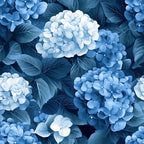 blue hydrangeas, floral pattern, botanical design, navy blue, light blue, white flowers, periwinkle, clustered blooms, large leaves,, fabric panel, garden flowers, seamless repeat, realistic florals, summer blooms, cottage garden, monochromatic blue, hydrangea clusters, leafy foliage, nature inspired
