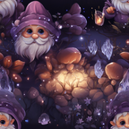 purple, lavender, orange, golden yellow, crystal blue, gnomes, wizard hats, white beards, mushrooms, crystals, magical lanterns, fantasy characters, whimsical illustration, enchanted forest, sparkles, starlight,, fabric panel, mystical creatures, fairy tale theme, glowing effects