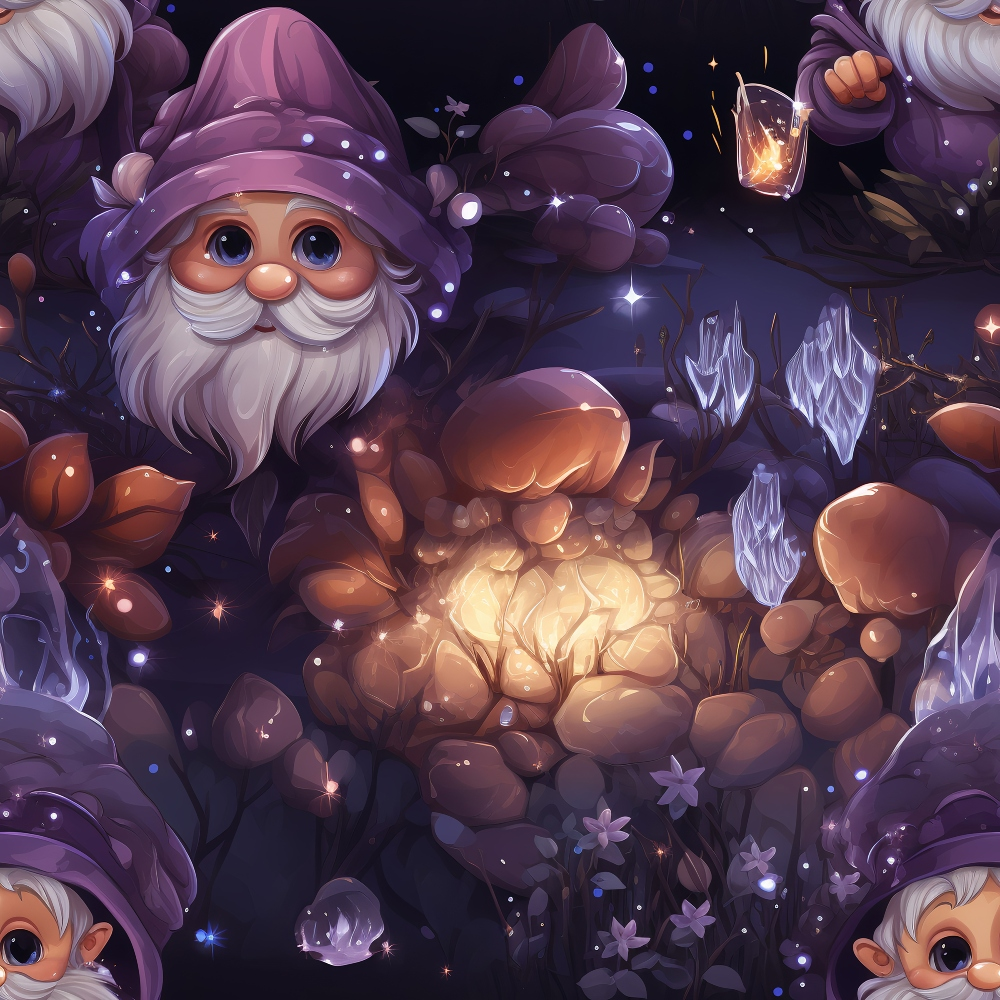 purple, lavender, orange, golden yellow, crystal blue, gnomes, wizard hats, white beards, mushrooms, crystals, magical lanterns, fantasy characters, whimsical illustration, enchanted forest, sparkles, starlight,, fabric panel, mystical creatures, fairy tale theme, glowing effects
