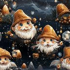 orange, brown, navy blue, gray, white, gnomes, fantasy characters, mushrooms, magical forest, whimsical illustration, beards, pointed hats, floating bubbles, starry night, mountains, nature scene,, fabric panel, enchanted woodland, cartoon style