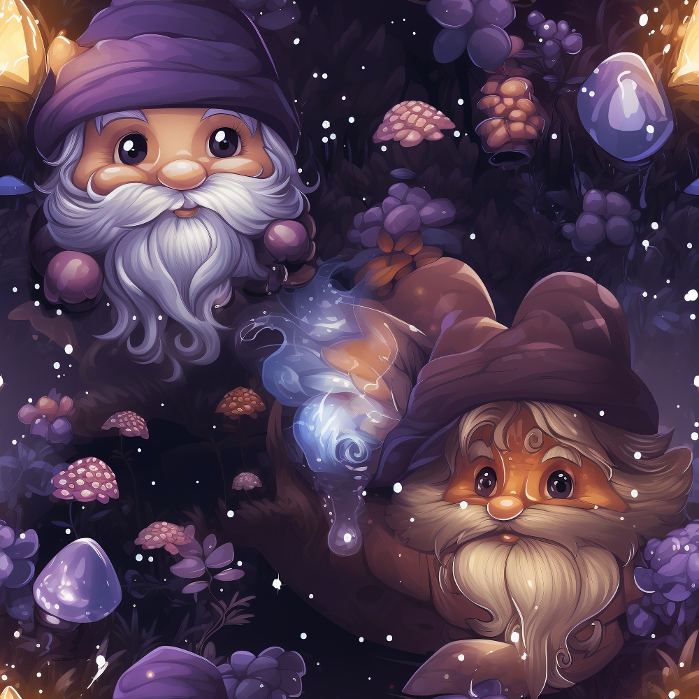 whimsical gnomes, purple mushrooms, fantasy forest, magical sparkles, deep purple, lavender, warm orange,, fabric panel, enchanted woodland, fairy tale characters, mystical atmosphere, glowing elements, forest creatures, fantasy art style, children's illustration, dreamy scene, magical realism, cute gnomes, mushroom fantasy