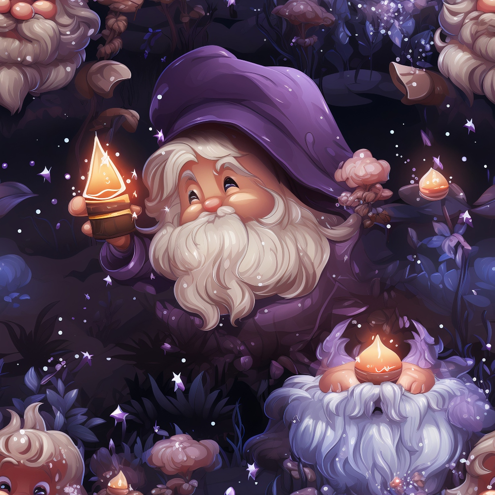 purple, lavender, white beard, gnomes, wizards, magical lanterns, glowing lights, fantasy characters, whimsical illustration, enchanted forest, mushrooms, sparkles, stars, nighttime scene,, fabric panel, mystical atmosphere, cartoon style, fairy tale, violet hues