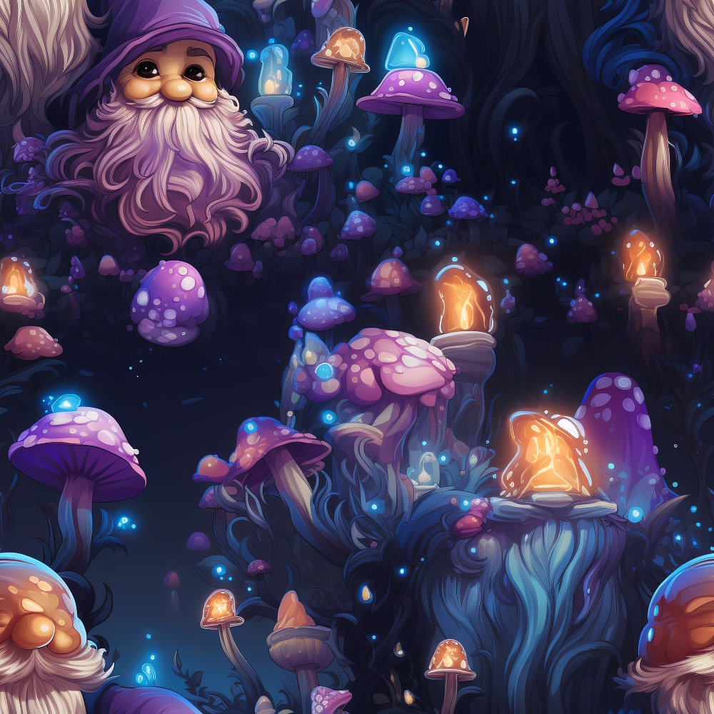 magical gnomes, fantasy forest, purple mushrooms, glowing lanterns, whimsical characters, enchanted woodland, violet hues, luminous blue, orange glow, mystical scene, fairy tale,, fabric panel, spotted toadstools, bearded gnomes, glowing orbs, fantasy art style, magical lighting, woodland creatures, enchanted atmosphere