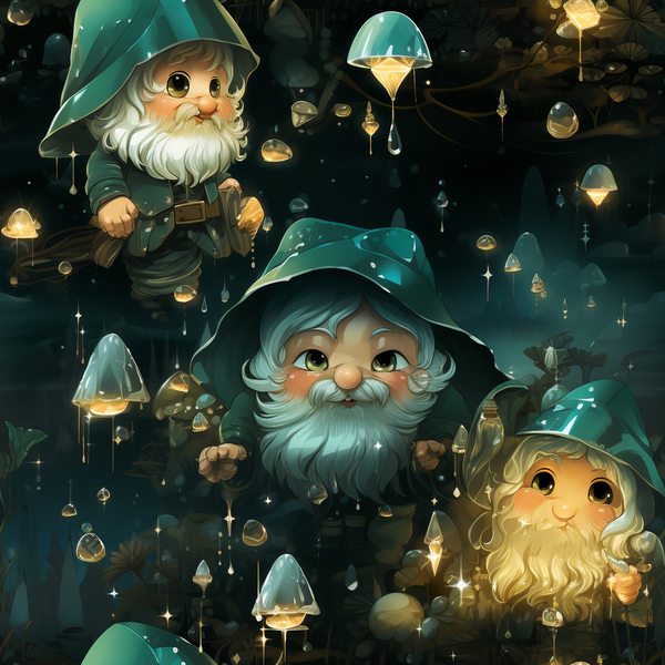 fantasy gnomes, teal green, turquoise blue, golden yellow, amber lighting, whimsical characters, mushroom lanterns, magical forest, enchanted woodland,, fabric panel, fairy tale theme, glowing lights, sparkles, dewdrops, mystical atmosphere, garden gnomes, illuminated mushrooms, fantasy creatures, cottagecore aesthetic