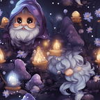 whimsical gnome, purple hood, white beard, magical lanterns, enchanted forest, deep purple, lavender, golden light, fairy tale, mystical atmosphere,, fabric panel, fantasy characters, glowing orbs, delicate flowers, dreamy illustration, soft pastels, woodland scene, cute gnome design, magical realm