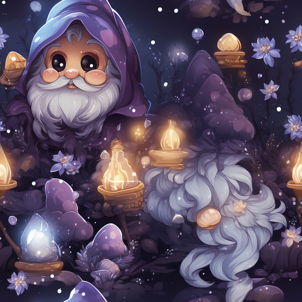 whimsical gnome, purple hood, white beard, magical lanterns, enchanted forest, deep purple, lavender, golden light, fairy tale, mystical atmosphere,, fabric panel, fantasy characters, glowing orbs, delicate flowers, dreamy illustration, soft pastels, woodland scene, cute gnome design, magical realm