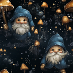 navy blue, teal blue, orange mushrooms, white beards, gnomes, fantasy creatures, whimsical characters, spotted mushrooms, floral elements, magical theme, enchanted forest, fairy tale,, fabric panel, scattered dots, winter gnomes, pointed hats, woodland scene, mystical atmosphere, children's fabric