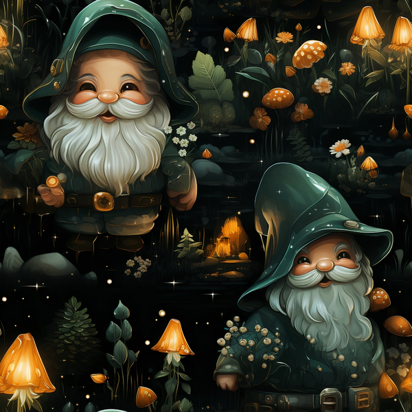 forest green, orange mushrooms, garden gnomes, white beards, pointed hats, whimsical fantasy, dark background, botanical elements,, fabric panel, magical creatures, woodland scene, earthy tones, enchanted forest, fairy tale, nature motifs, mystical atmosphere, folk art style, cottage core, fantasy illustration
