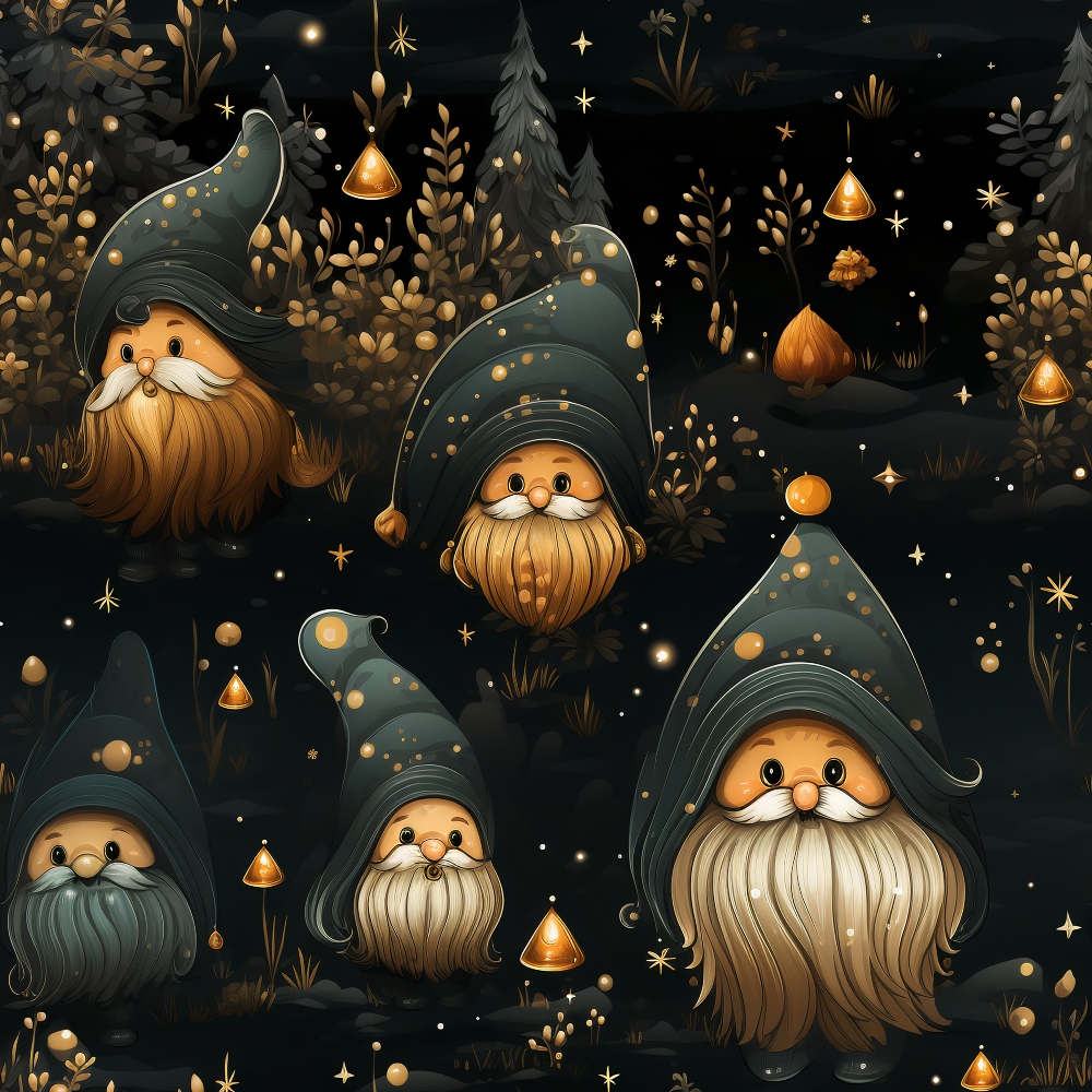 whimsical gnomes, forest fantasy, dark background, golden accents, amber mushrooms, pointed hats, flowing beards, magical creatures, enchanted woodland, starry night, teal green, warm brown,, fabric panel, mystical pattern, fairy tale, sparkling lights, botanical elements, fantasy illustration, cozy gnomes