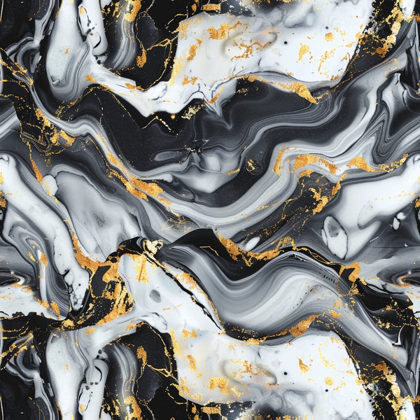 marble texture, swirled pattern, black, white, gray, gold accents, metallic details, abstract design, fluid lines, marbled effect,, fabric panel, luxurious appearance, organic swirls, mineral veining, contemporary style, flowing movement, elegant pattern, stone-like texture
