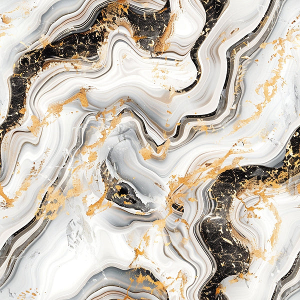 marble texture, swirled pattern, white, black, gold, gray, fluid design, abstract art, luxurious, geode inspired,, fabric panel, modern aesthetic, sophisticated, flowing lines, metallic accents, contemporary style, artistic marble, elegant pattern