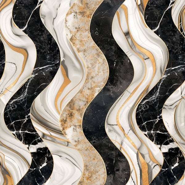 black marble, white marble, gold veining, wavy stripes, flowing lines, abstract pattern, luxury texture, marble effect, curved bands,, fabric panel, sophisticated design, neutral tones, stone pattern, undulating waves, metallic accents, modern geometric, serpentine lines, elegant swirls