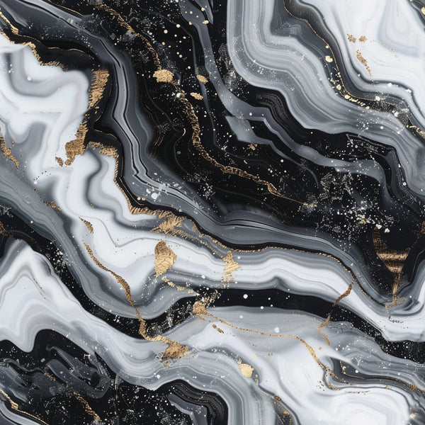 black, white, gray, gold, metallic accents, marble pattern, swirled design, fluid texture, luxurious, abstract, geode inspired, mineral veins, stone texture,, fabric panel, modern design, sophisticated, flowing lines, speckled details, natural stone