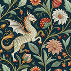 dragon, medieval tapestry, navy blue background, cream colored dragon, ornate florals, botanical vines, coral flowers, sage green leaves, fantasy creature, winged dragon, decorative scrollwork, intricate pattern,, fabric panel, mythical beast, elaborate design, detailed scales, flowing vines, ornamental motifs, vintage style