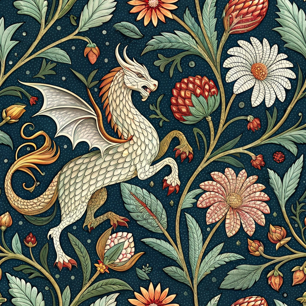 dragon, medieval tapestry, navy blue background, cream colored dragon, ornate florals, botanical vines, coral flowers, sage green leaves, fantasy creature, winged dragon, decorative scrollwork, intricate pattern,, fabric panel, mythical beast, elaborate design, detailed scales, flowing vines, ornamental motifs, vintage style