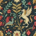 medieval tapestry,, fabric panel, dark blue background, coral flowers, sage green foliage, golden yellow accents, mythical creatures, dragon, pegasus, winged horse, diamond lattice, botanical motifs, fantasy animals, ornate pattern, rich colors, detailed illustration, decorative design, floral elements, heraldic style