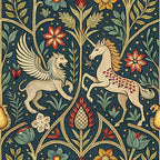 medieval tapestry,, fabric panel, dark blue background, cream colored, sage green, burgundy red, golden yellow, mythical creatures, winged lion, unicorn, floral motifs, botanical elements, decorative trees, ornate patterns, fantasy animals, heraldic design, renaissance style, intricate details, nature inspired