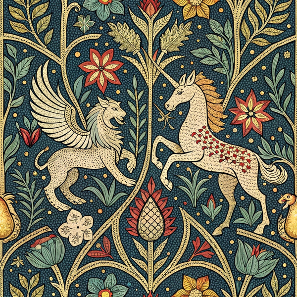 medieval tapestry,, fabric panel, dark blue background, cream colored, sage green, burgundy red, golden yellow, mythical creatures, winged lion, unicorn, floral motifs, botanical elements, decorative trees, ornate patterns, fantasy animals, heraldic design, renaissance style, intricate details, nature inspired