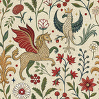 medieval tapestry,, fabric panel, mythical creatures, winged horse, pegasus, crowned bird, botanical motifs, floral patterns, cream background, burgundy red, forest green, golden yellow, scales texture, fantasy animals, decorative flowers, ornate design, whimsical creatures, medieval art style, cotton fabric