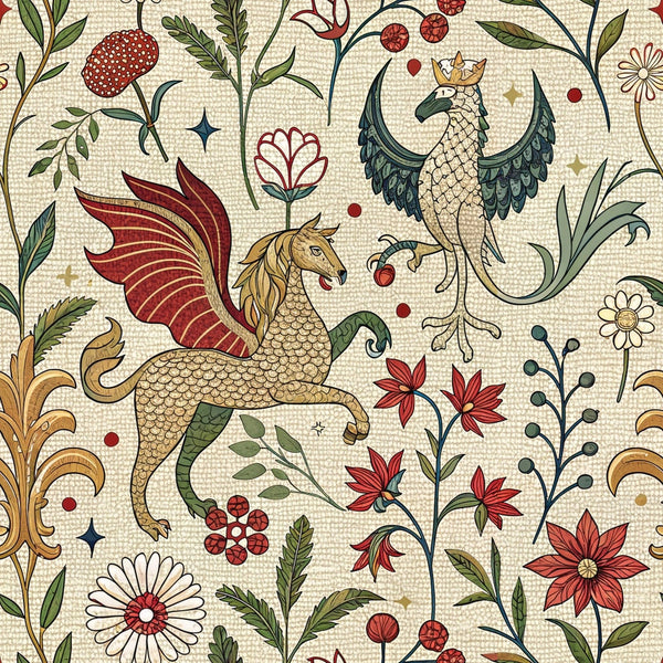 medieval tapestry,, fabric panel, mythical creatures, winged horse, pegasus, crowned bird, botanical motifs, floral patterns, cream background, burgundy red, forest green, golden yellow, scales texture, fantasy animals, decorative flowers, ornate design, whimsical creatures, medieval art style, cotton fabric