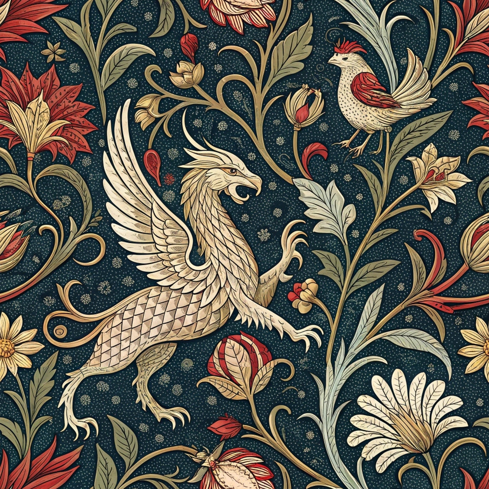 medieval tapestry,, fabric panel, griffins, mythical creatures, birds, floral motifs, scrolling vines, dark navy background, cream colored, burgundy red, gold accents, ornate design, heraldic style, fantasy animals, decorative leaves, intricate details, vintage inspired, gothic elements, repeating pattern