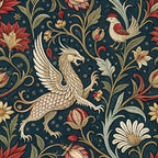 medieval tapestry,, fabric panel, griffins, mythical creatures, birds, floral motifs, scrolling vines, dark navy background, cream colored, burgundy red, gold accents, ornate design, heraldic style, fantasy animals, decorative leaves, intricate details, vintage inspired, gothic elements, repeating pattern