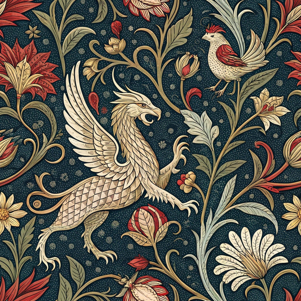 medieval tapestry,, fabric panel, griffins, mythical creatures, birds, floral motifs, scrolling vines, dark navy background, cream colored, burgundy red, gold accents, ornate design, heraldic style, fantasy animals, decorative leaves, intricate details, vintage inspired, gothic elements, repeating pattern