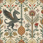 medieval tapestry,, fabric panel, mythical griffin, winged creature, ornate florals, geometric borders, earth tones, burgundy red, forest green, golden yellow, cream background, decorative motifs, botanical elements, heraldic design, renaissance style, intricate patterns, vintage inspired, ornamental birds, stylized flowers